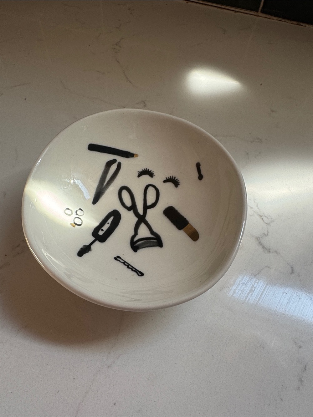 Anthropologie White Ceramic Trinket Dish with Black Makeup Illustrations